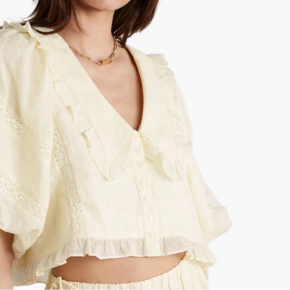 JOSLIN Maeveline cropped cutout crochet-trimmed linen blouse